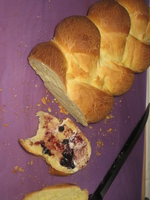 Bread cut into, fine texture, slice with PBnJ