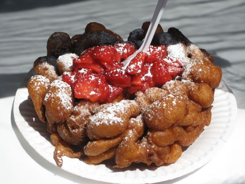strawberry topped, extra tall funnel cake