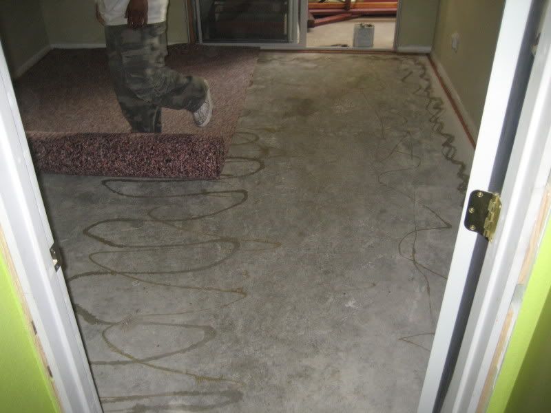 carpet pad being kicked over concrete floor