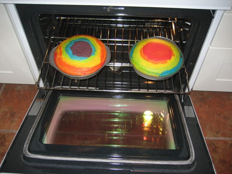 round Rainbow Cakes in oven