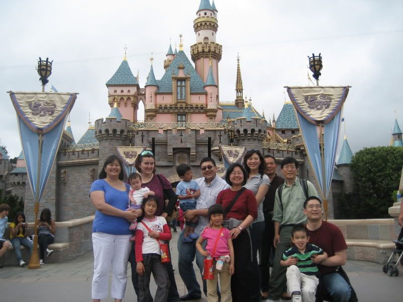 almost the whole gang at Disneyland in front of the castle