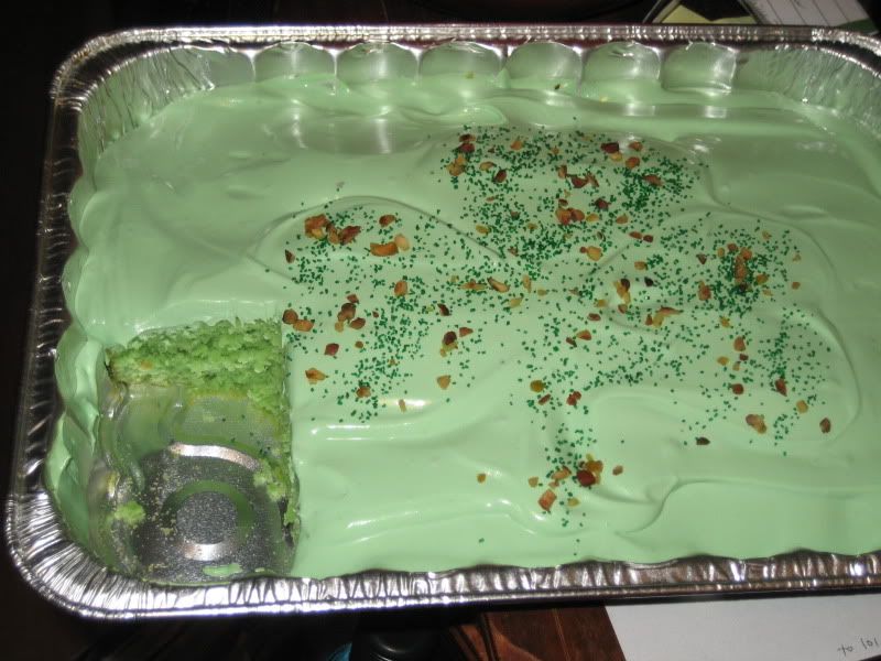 Green cake with shamrock kind of visible on top