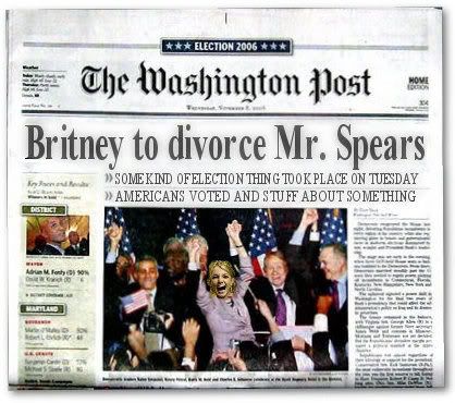 November 08, 2006 On the same day that the Democrats take the House and the Senate, Britney files for divorce from Kevin Federline. To help promote to the public the many uses of her corporate master's products, she delivers the news to Federline via text message.