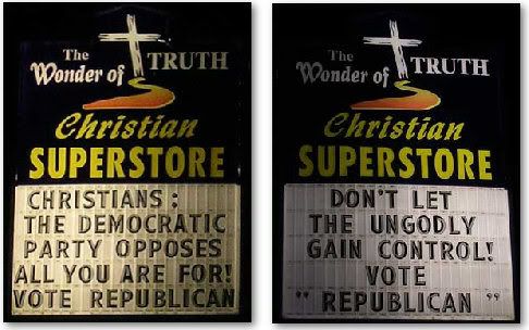 'During every election, the Wonders of Truth Christian superstore reminds locals that the road to hell is paved with Democratic politicians. In honor of today's vote, here's the front and back of their signs.' cadenhead.org