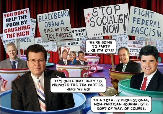 In a gesture of unprecedented participation by a news organization in a political protest, Fox news personalities broadcast live as keynote speakers and hosts at various tea party events alongside several Republican politicians. Glenn Beck, Neil Cavuto, Sean Hannity, Bill O'Reilly, Fox & Friends,