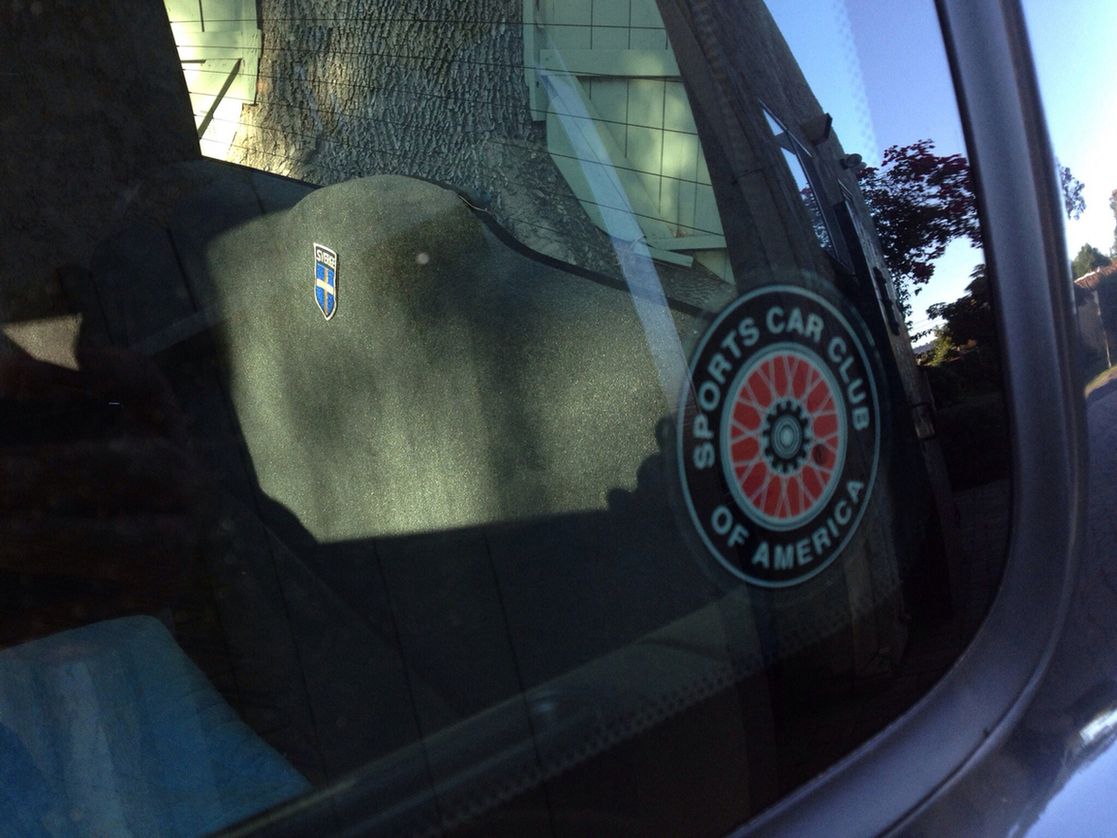 SCCA sticker with a Sverige patch on the back hatch
